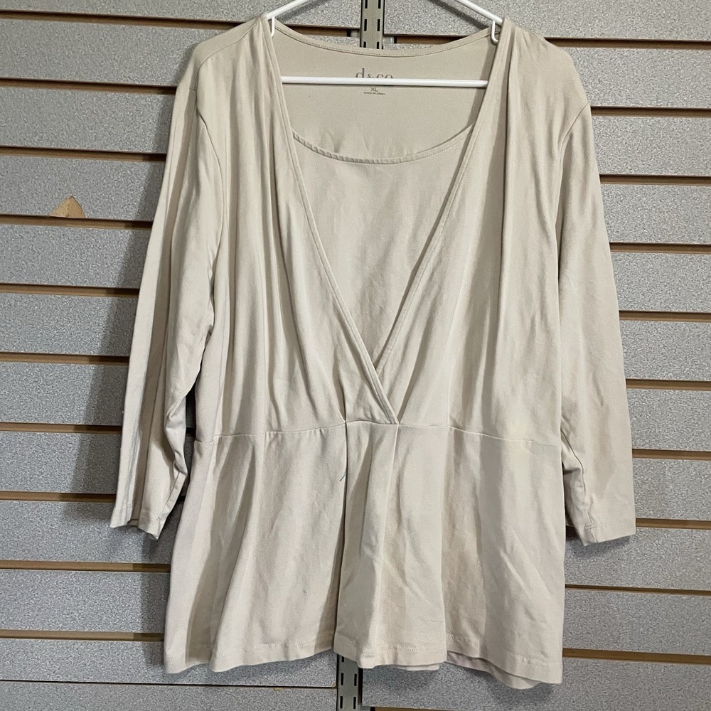 d&co Denim And Company Top Shirt Blouse 3/4‎ Sleeves XL EUC Solid Beige